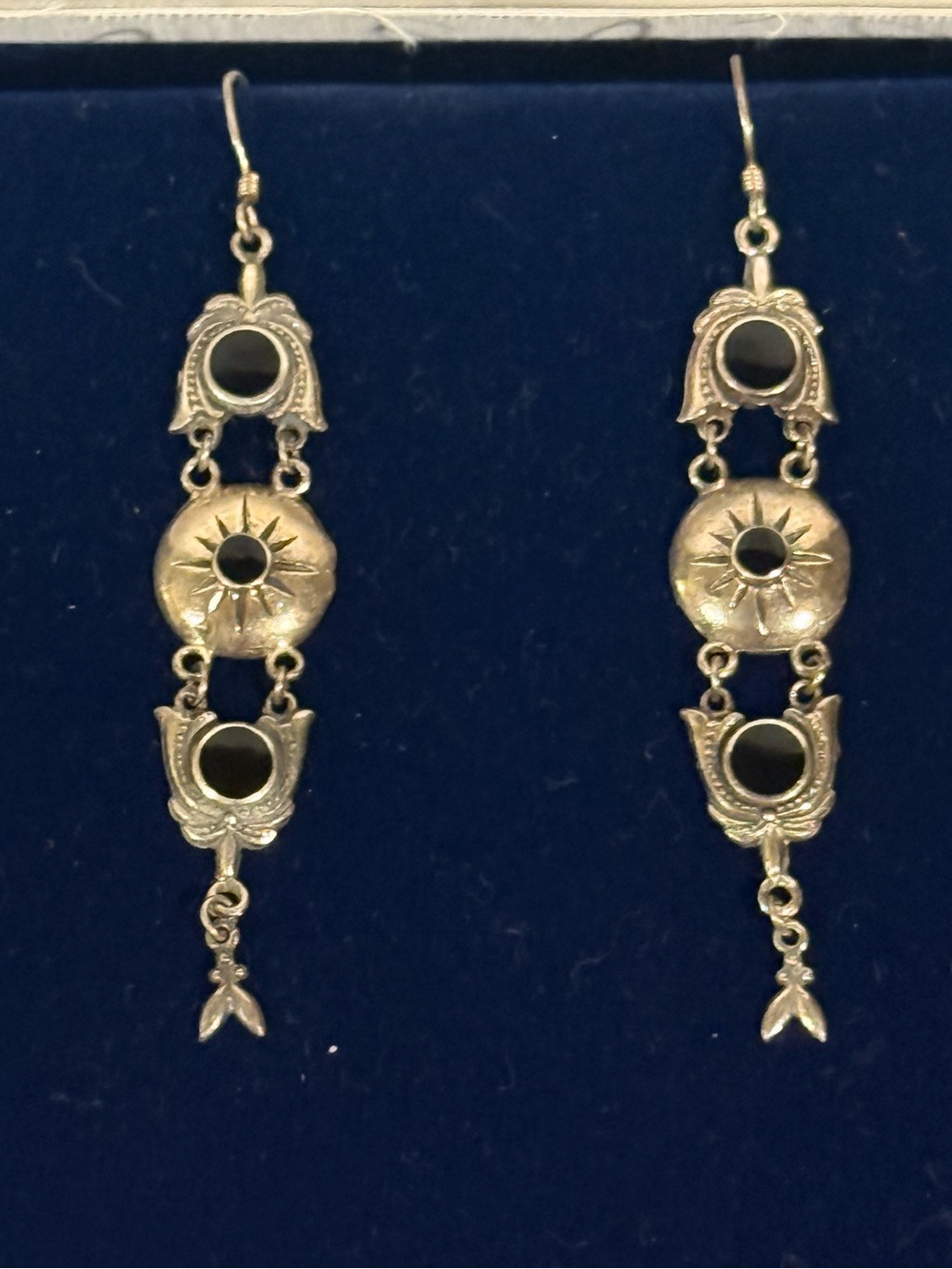 Vintage Native Sterling Dangle Earrings with Black Stones
